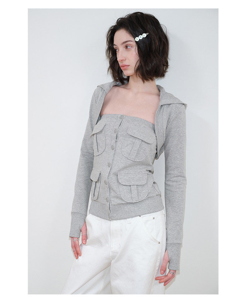 multi-pocket design cardigan / tube top
