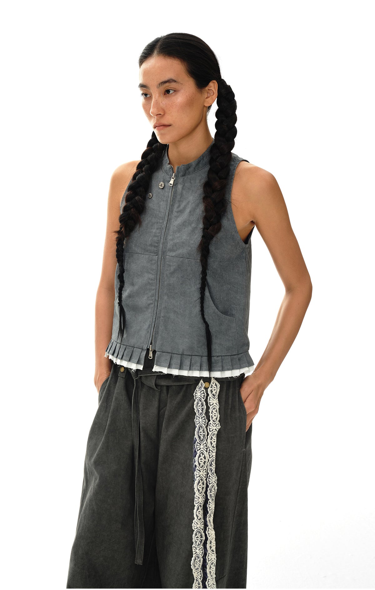 Pleated Ruffle Trim Zip Vest