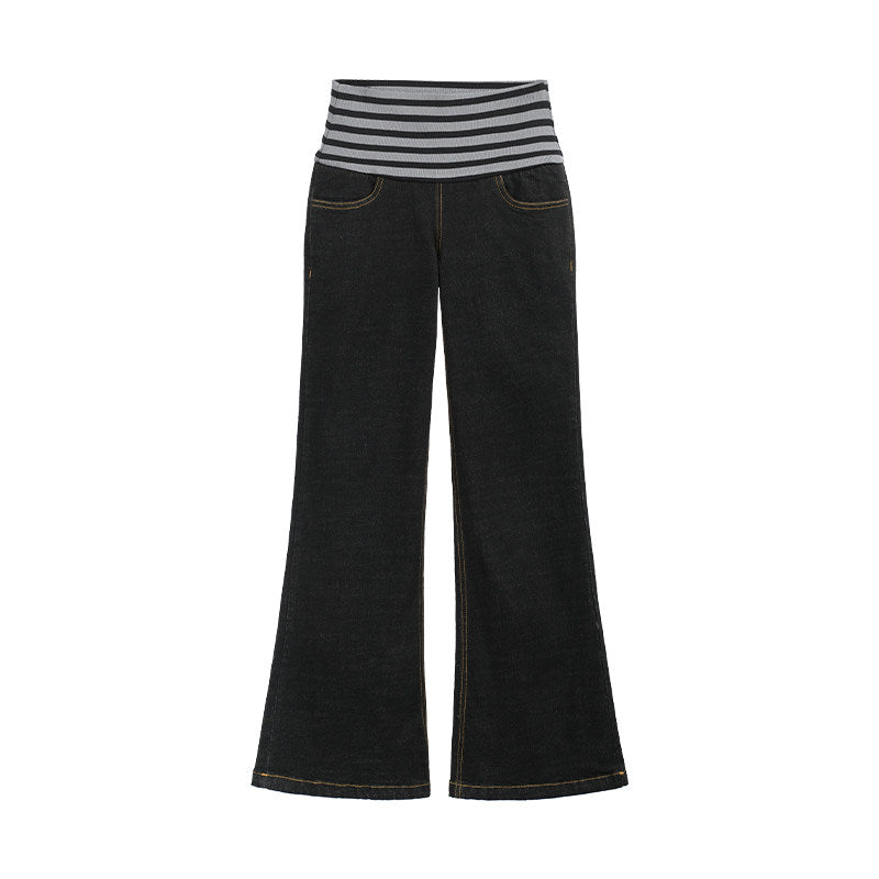 striped waist stretch denim trousers (Pre-order)