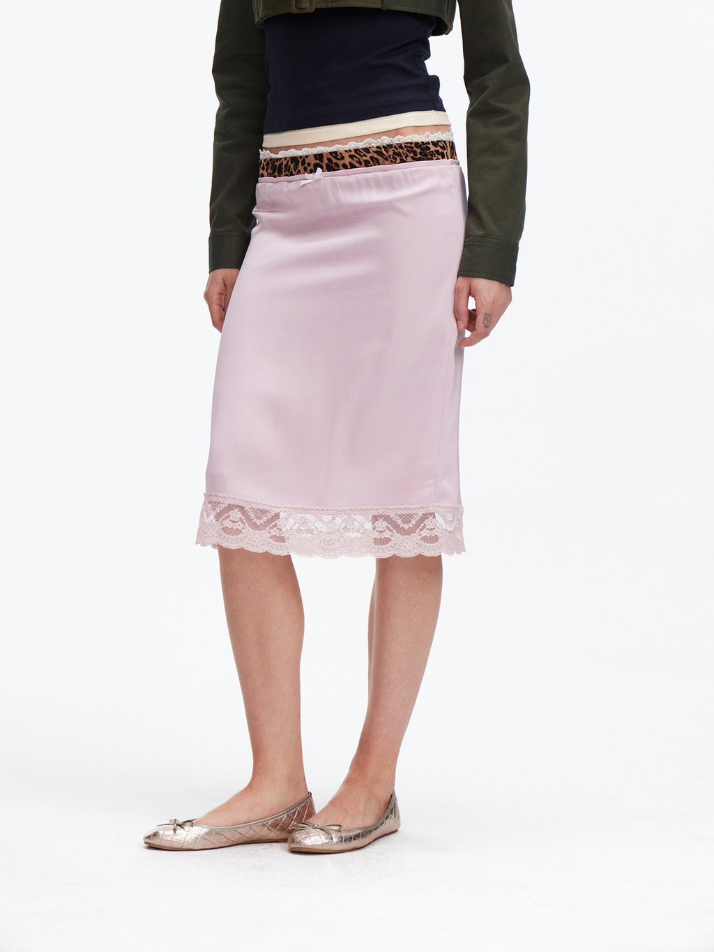 Leopard print contrast satin skirt