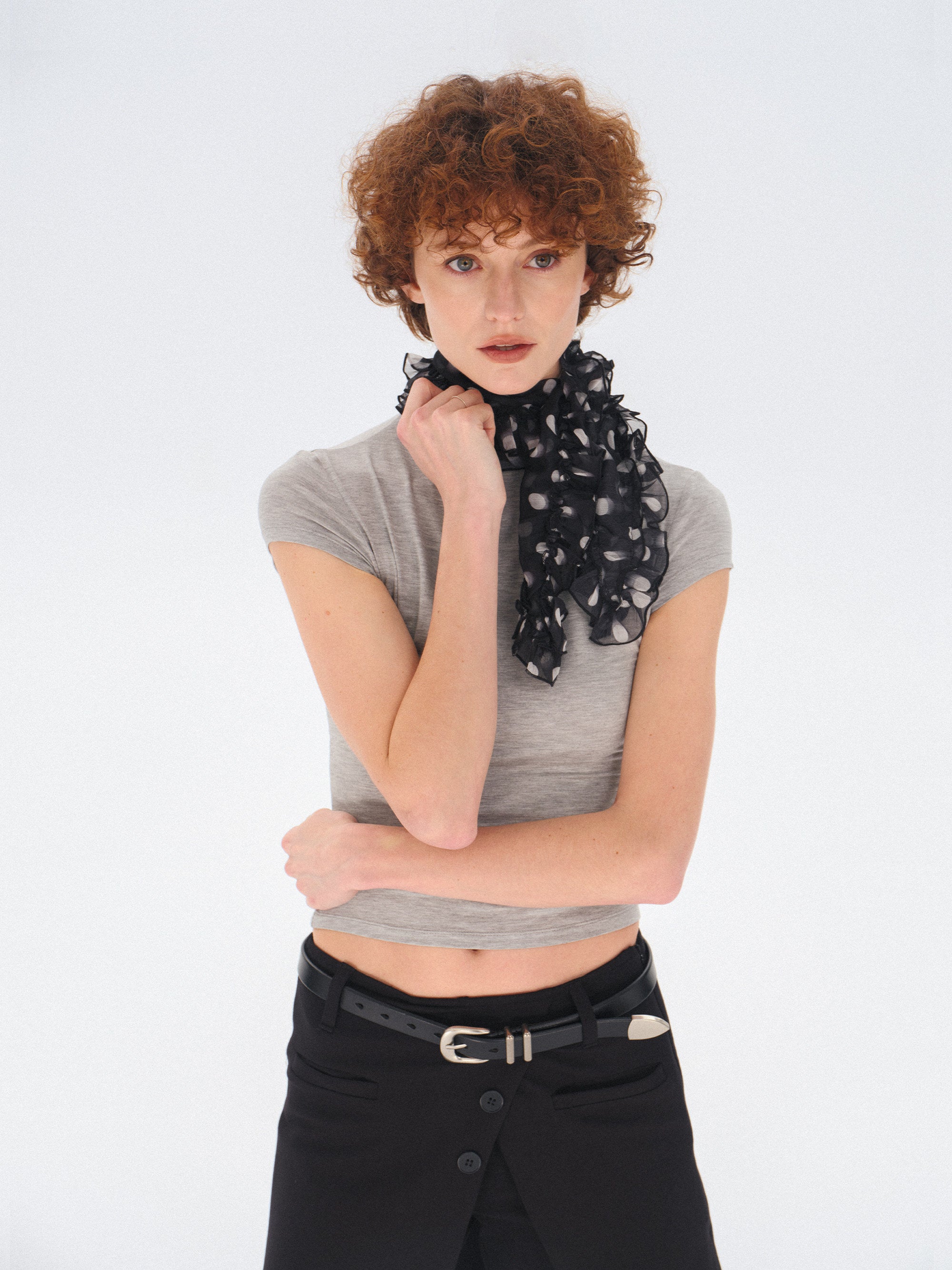 Polka dot ruffled thin silk scarf