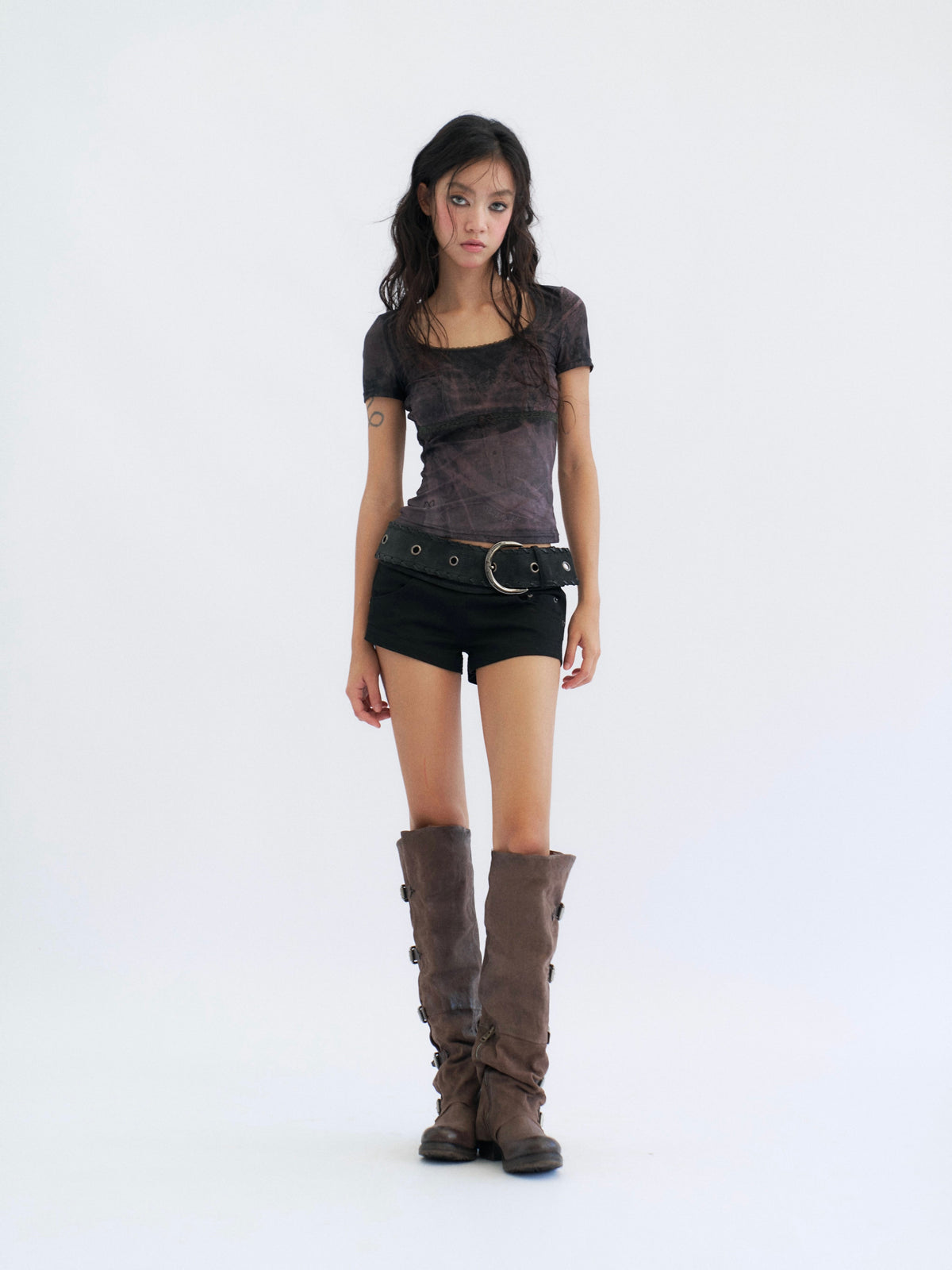 Sheer Overlay Belted Skort