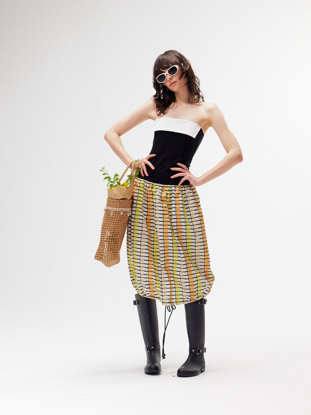 splicing shirring puffy skirt dress