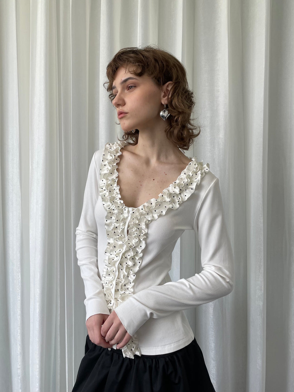 Polka dot lace collar white top