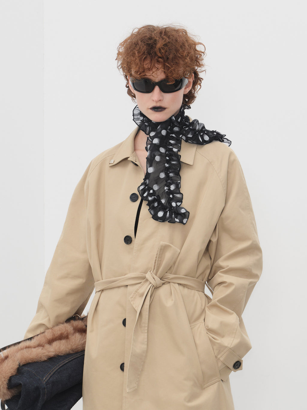 Polka dot ruffled thin silk scarf