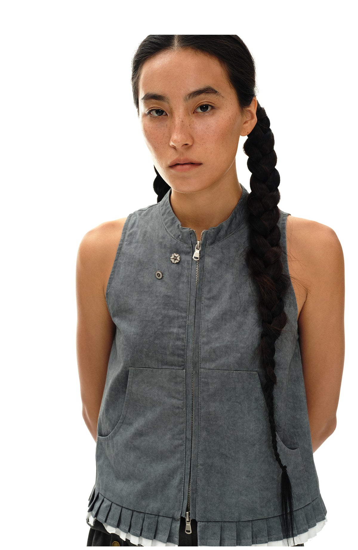 Pleated Ruffle Trim Zip Vest