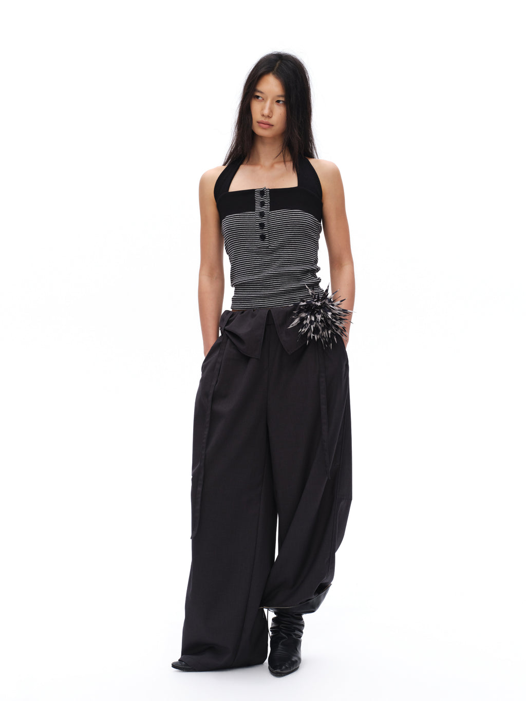 Collar buckle striped halter tank top