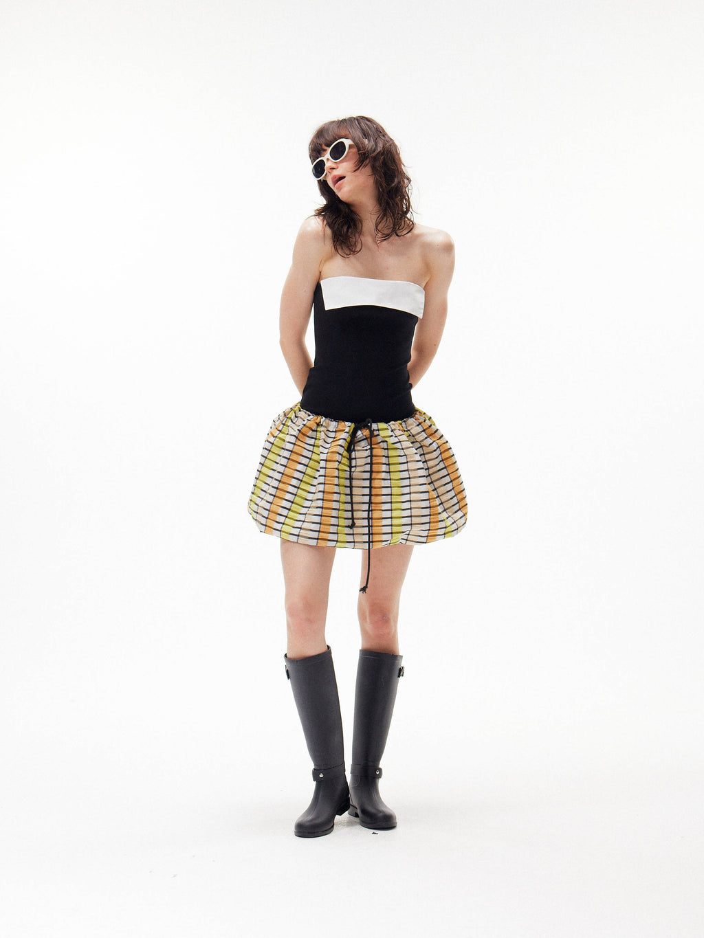 splicing shirring puffy skirt dress