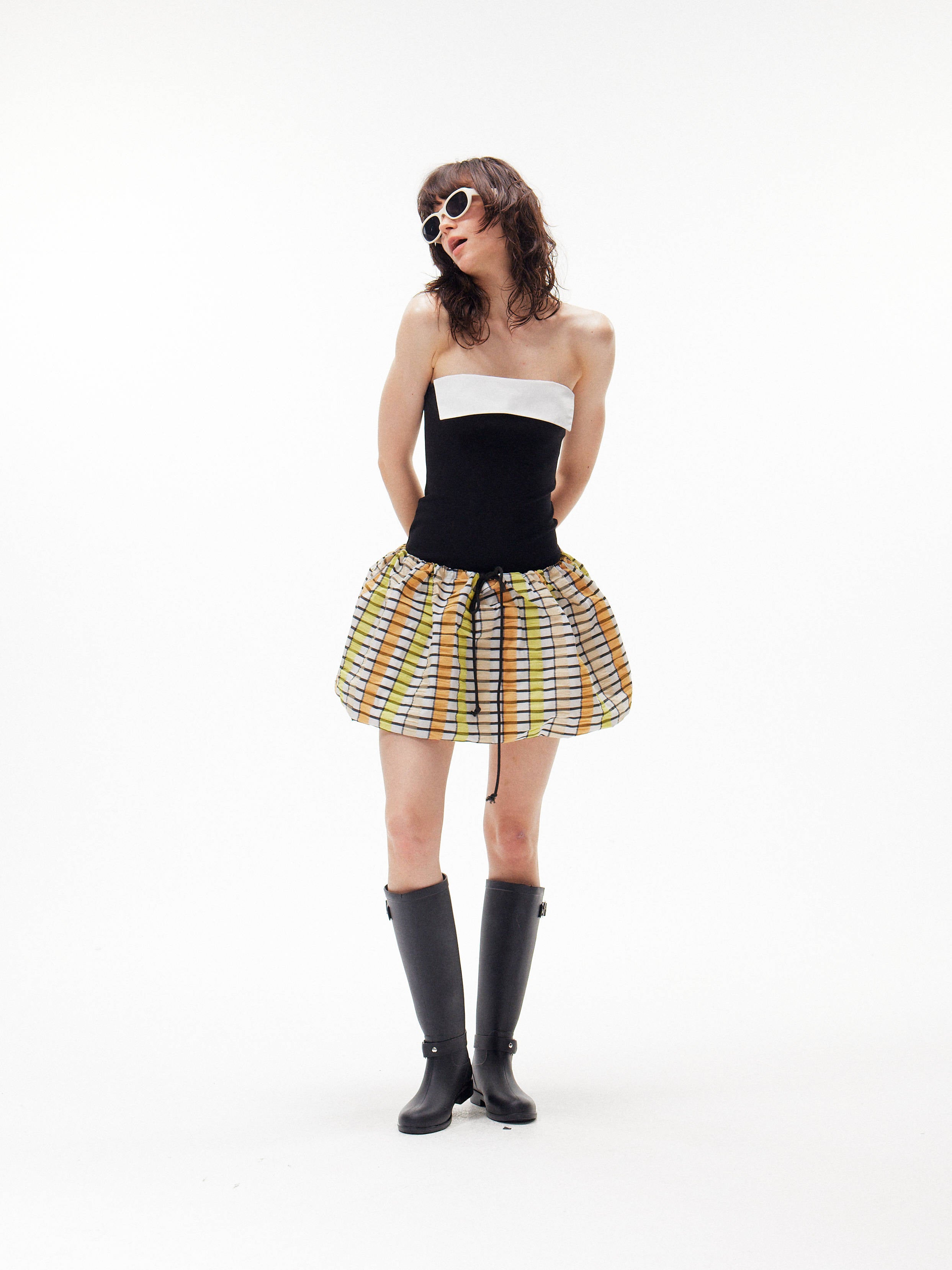 splicing shirring puffy skirt dress