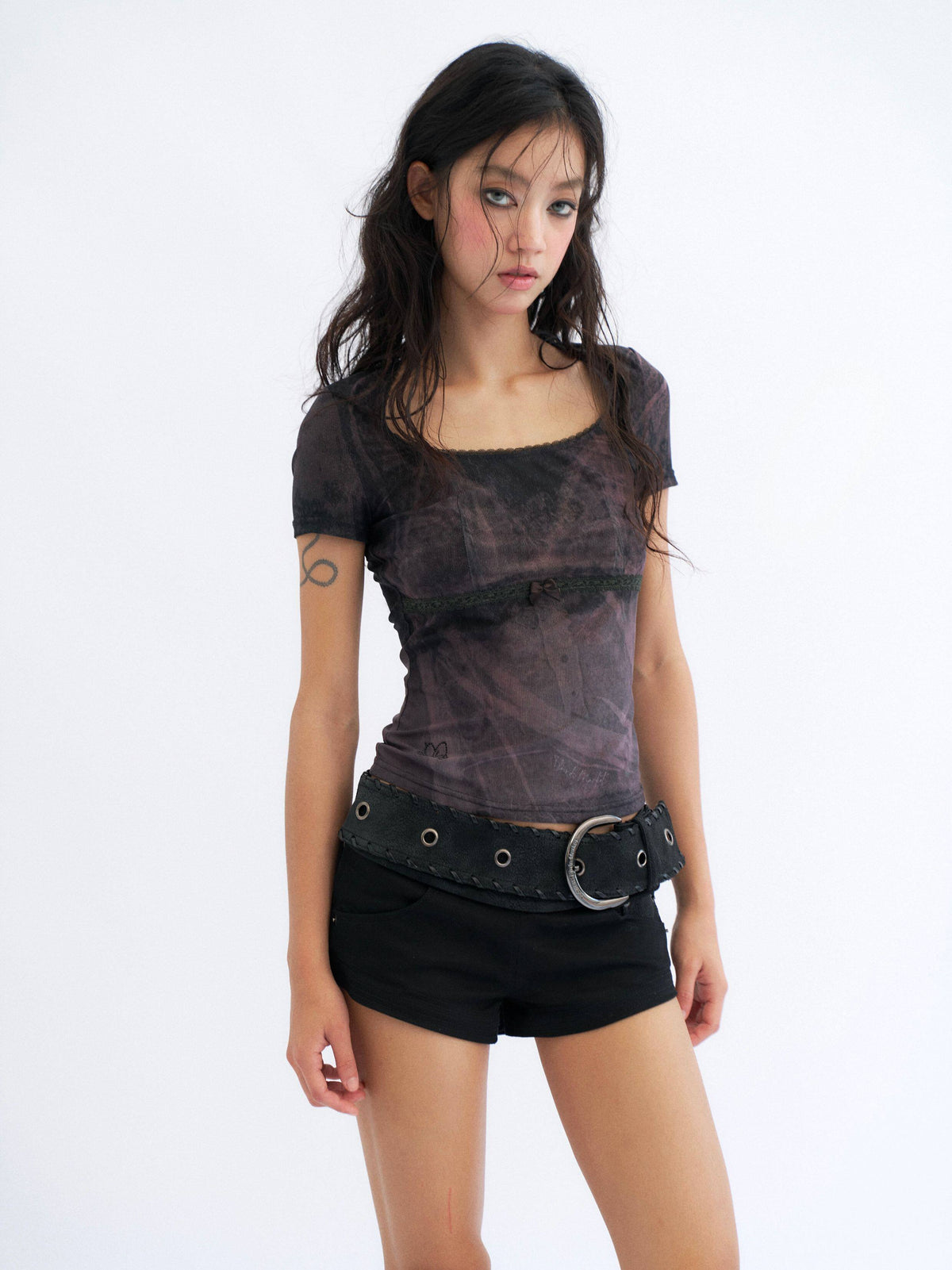 Sheer Overlay Belted Skort