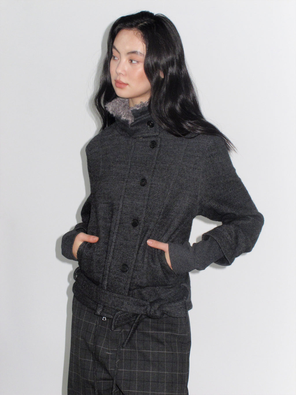Fur Collar Cropped Wool Coat