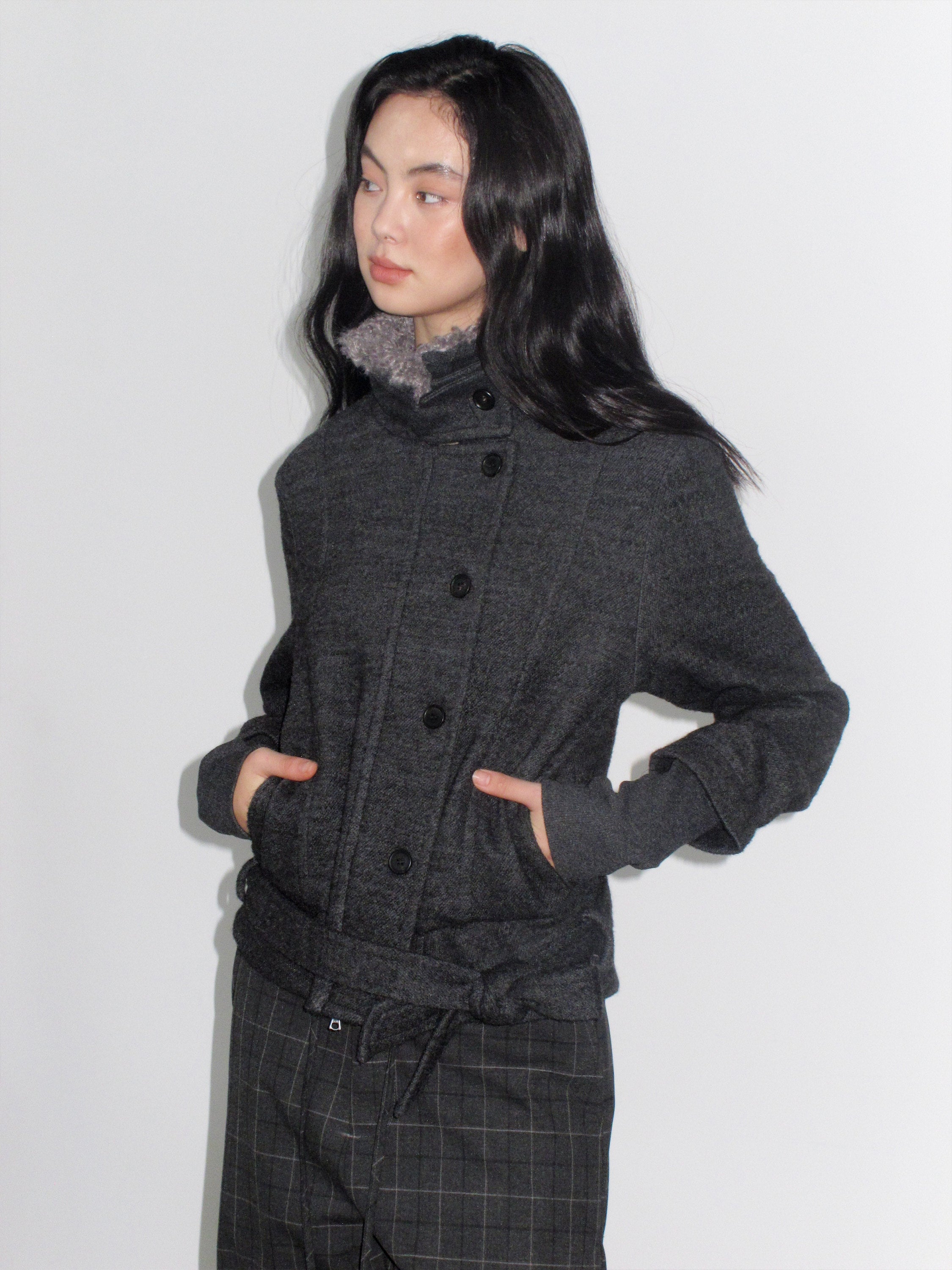 Fur Collar Cropped Wool Coat