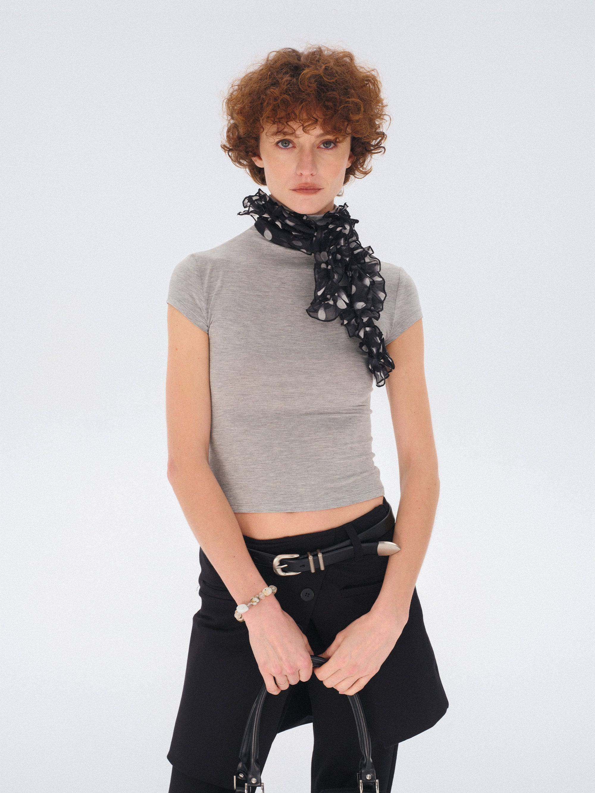 Polka dot ruffled thin silk scarf