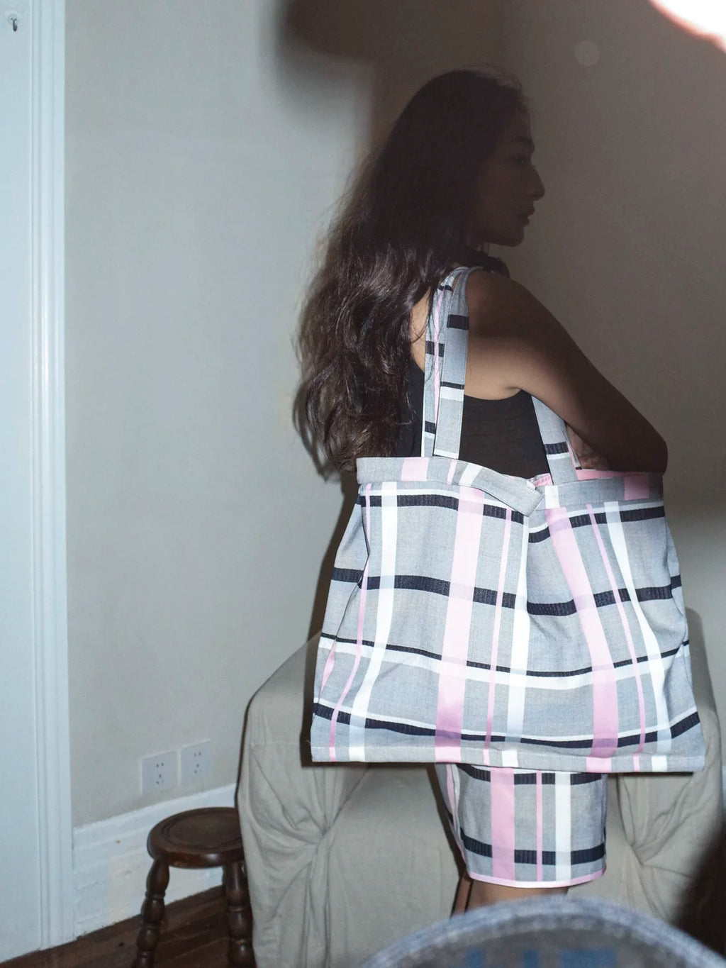 THINGNESS pink-gray colorblock plaid large capacity bag with a single shoulder and two shoulder shopping bags and tote bags