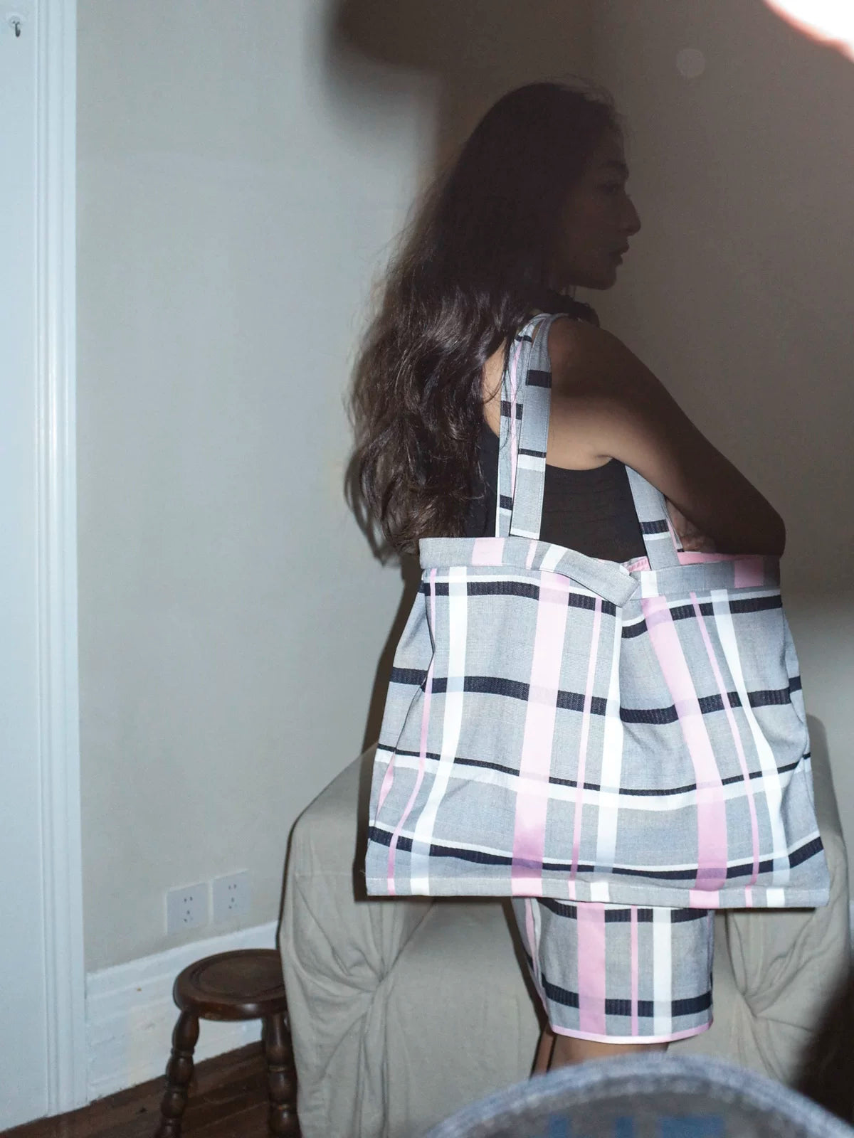 THINGNESS pink-gray colorblock plaid large capacity bag with a single shoulder and two shoulder shopping bags and tote bags