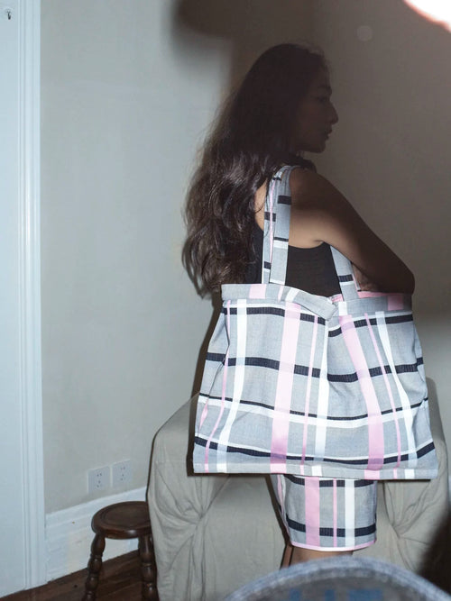 THINGNESS pink-gray colorblock plaid large capacity bag with a single shoulder and two shoulder shopping bags and tote bags