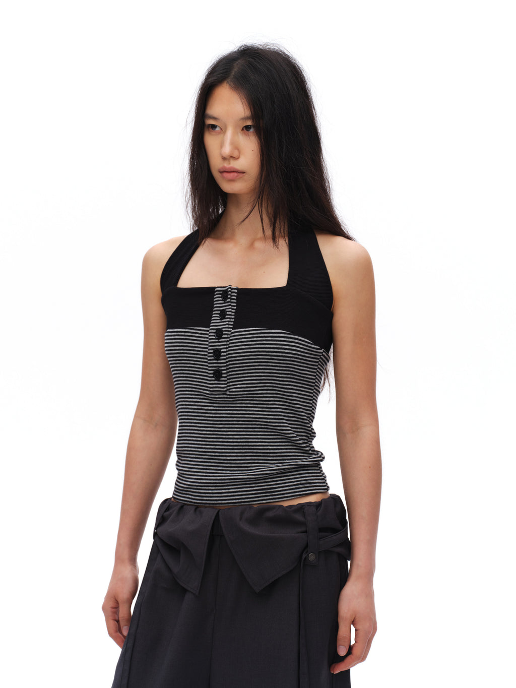 Collar buckle striped halter tank top