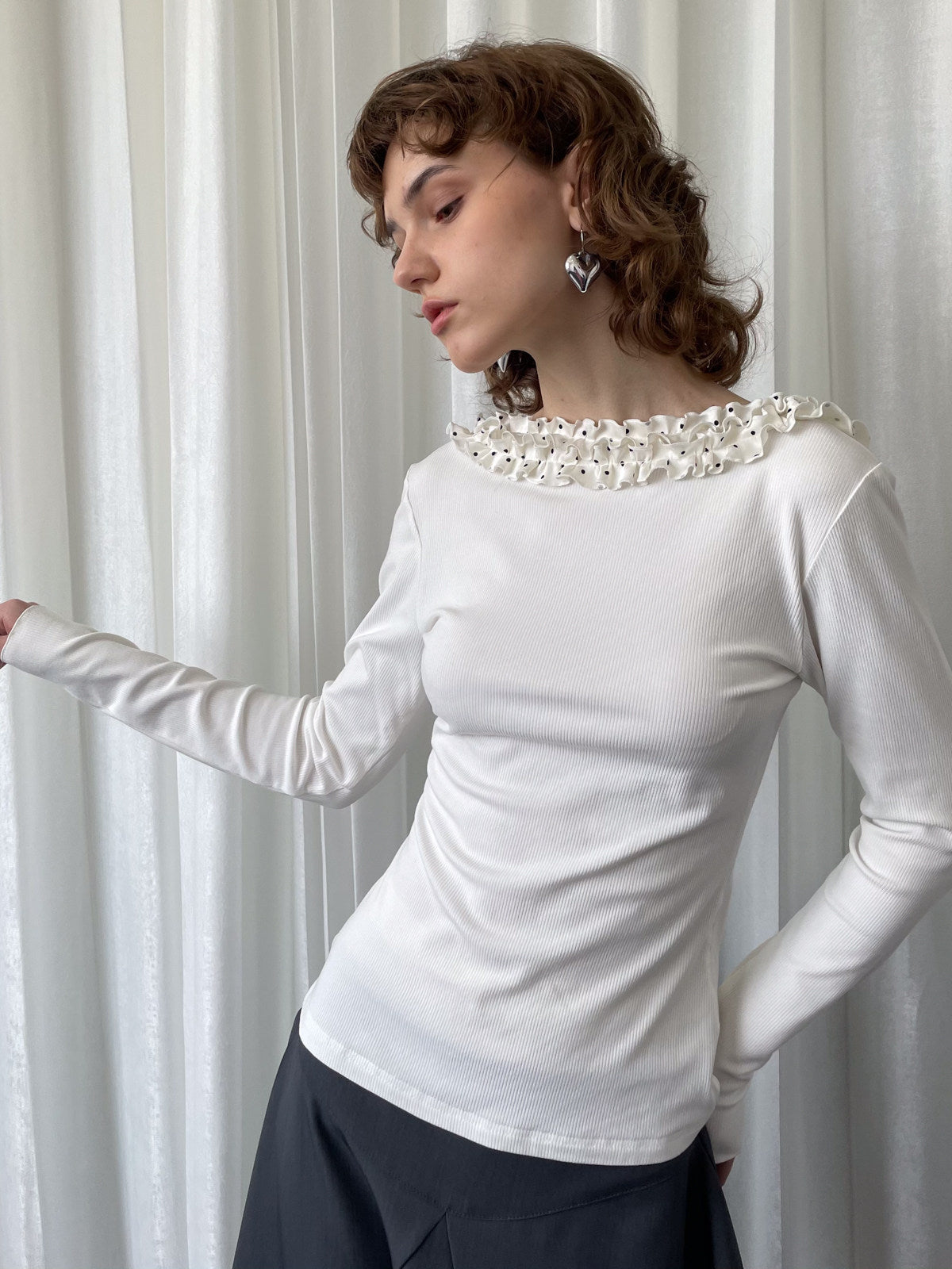 Polka dot lace collar white top
