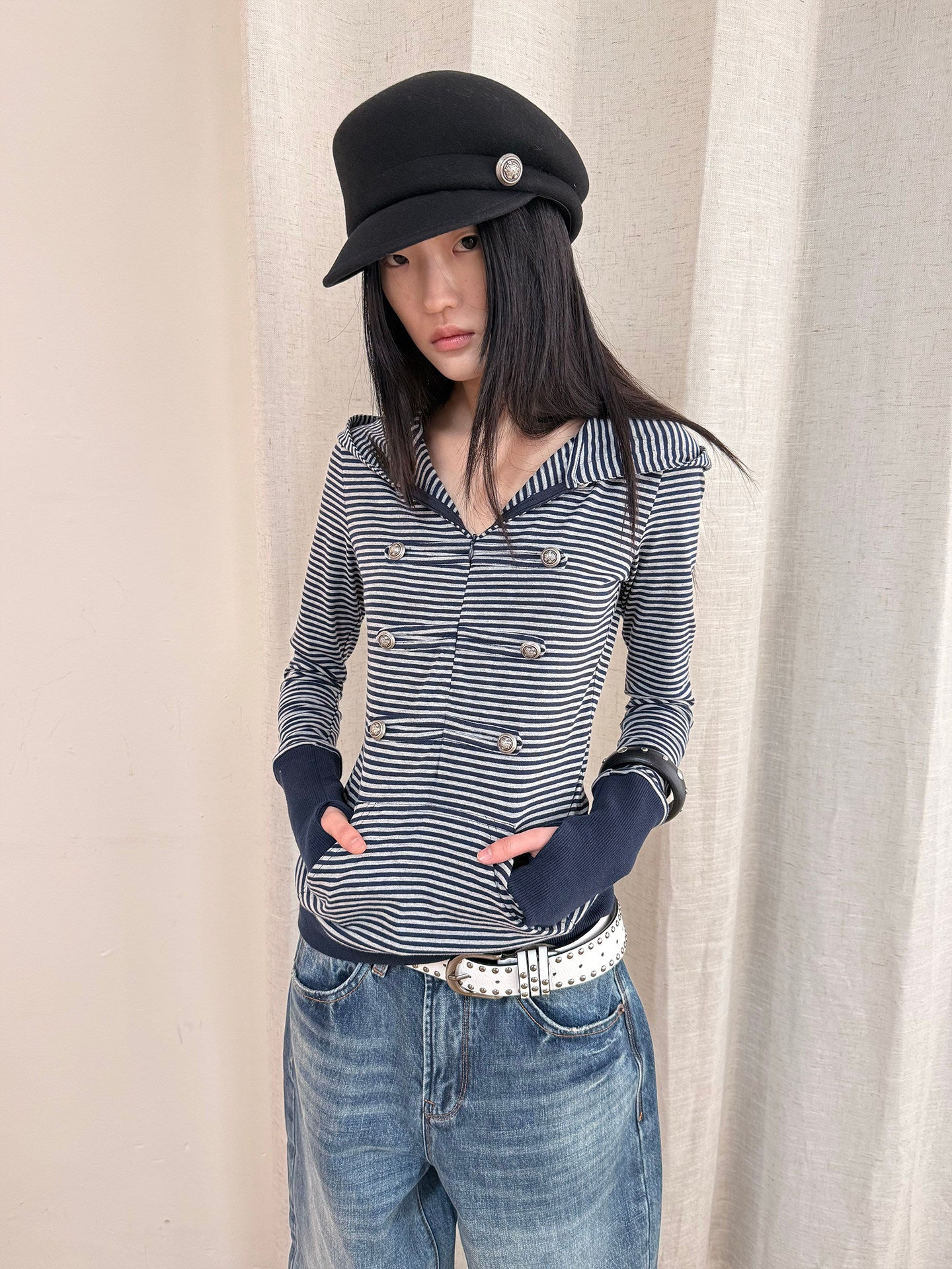 Hooded Napoleon-inspired striped top