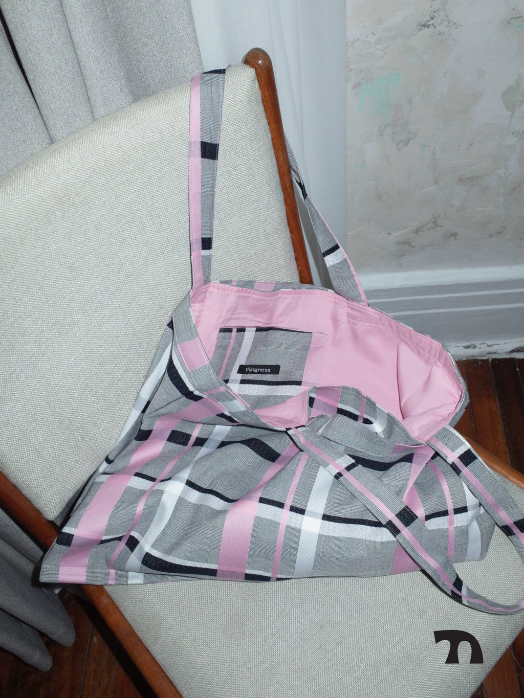 THINGNESS pink-gray colorblock plaid large capacity bag with a single shoulder and two shoulder shopping bags and tote bags
