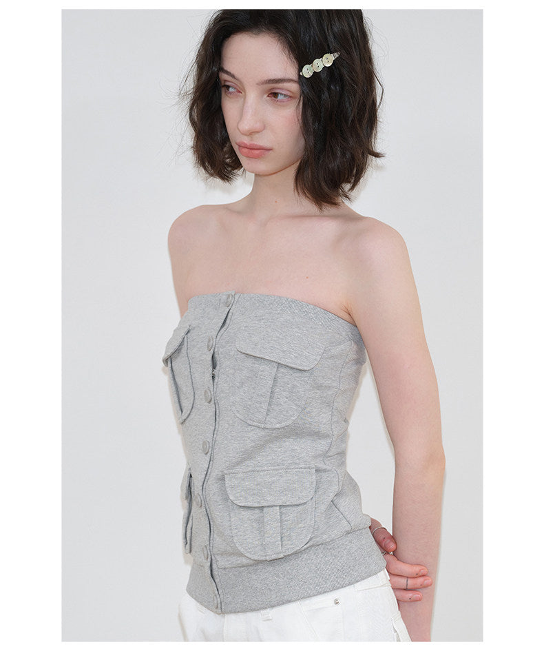multi-pocket design cardigan / tube top