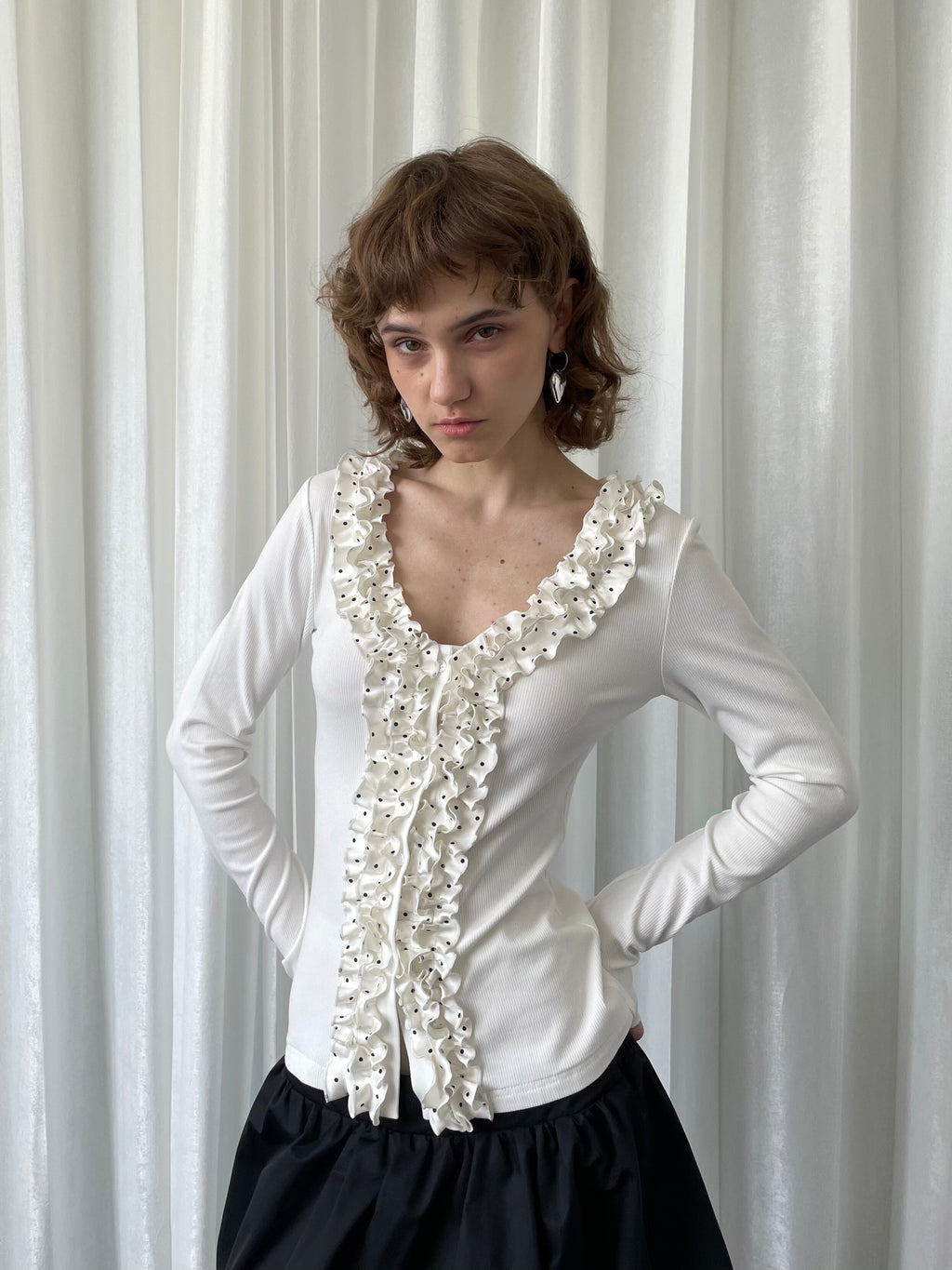 Polka dot lace collar white top