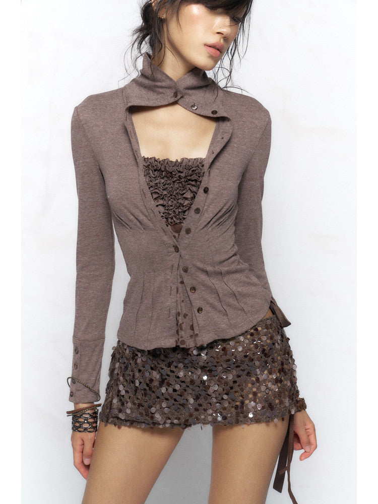 Stand Collar Ruffle Layered Cardigan