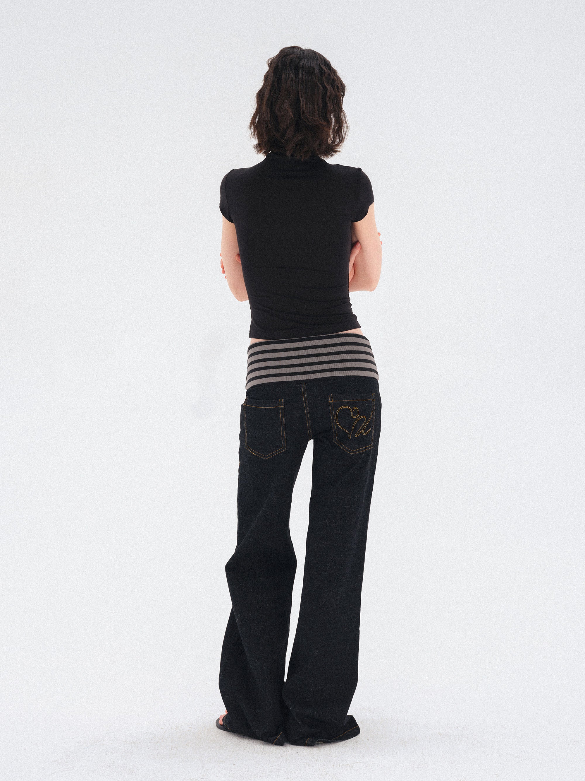 striped waist stretch denim trousers (Pre-order)