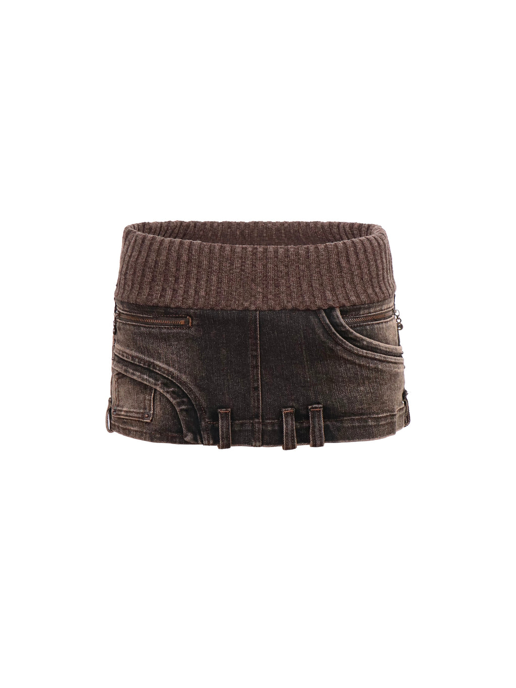 Rib Knit Panel Denim Mini Skirt