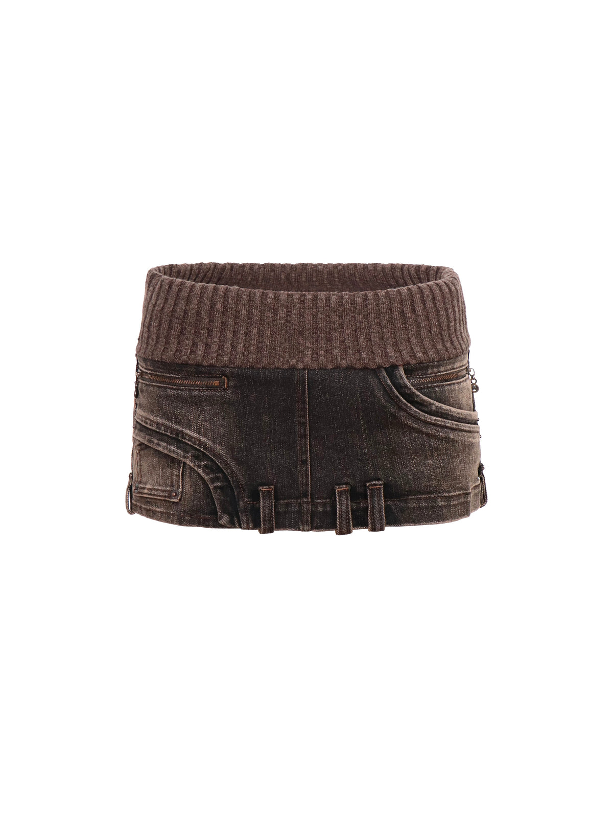 Rib Knit Panel Denim Mini Skirt