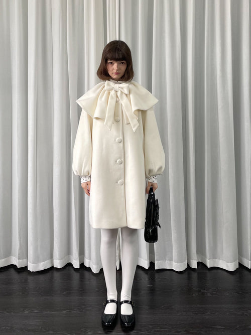 Bow white cape woolen coat