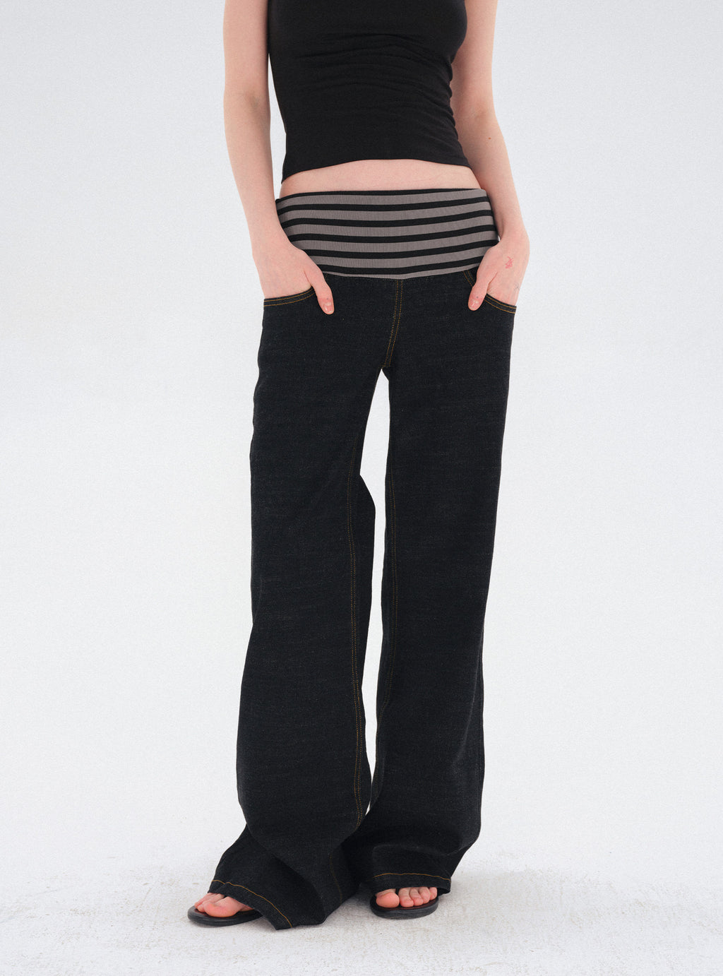 striped waist stretch denim trousers (Pre-order)