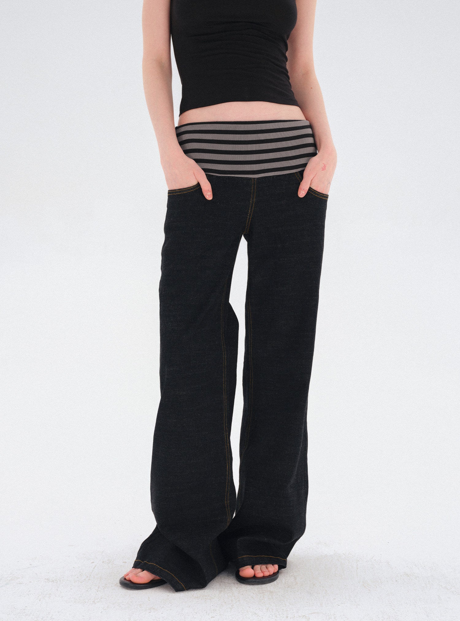 striped waist stretch denim trousers (Pre-order)