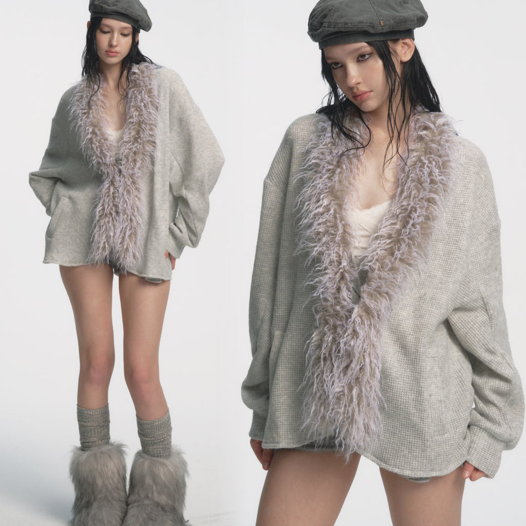 Faux Fur Collar Knit Cardigan