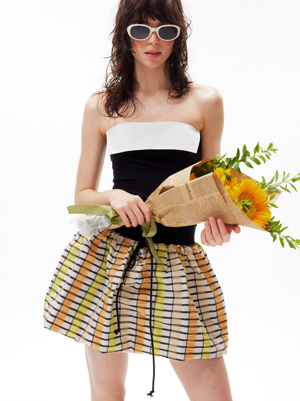 splicing shirring puffy skirt dress