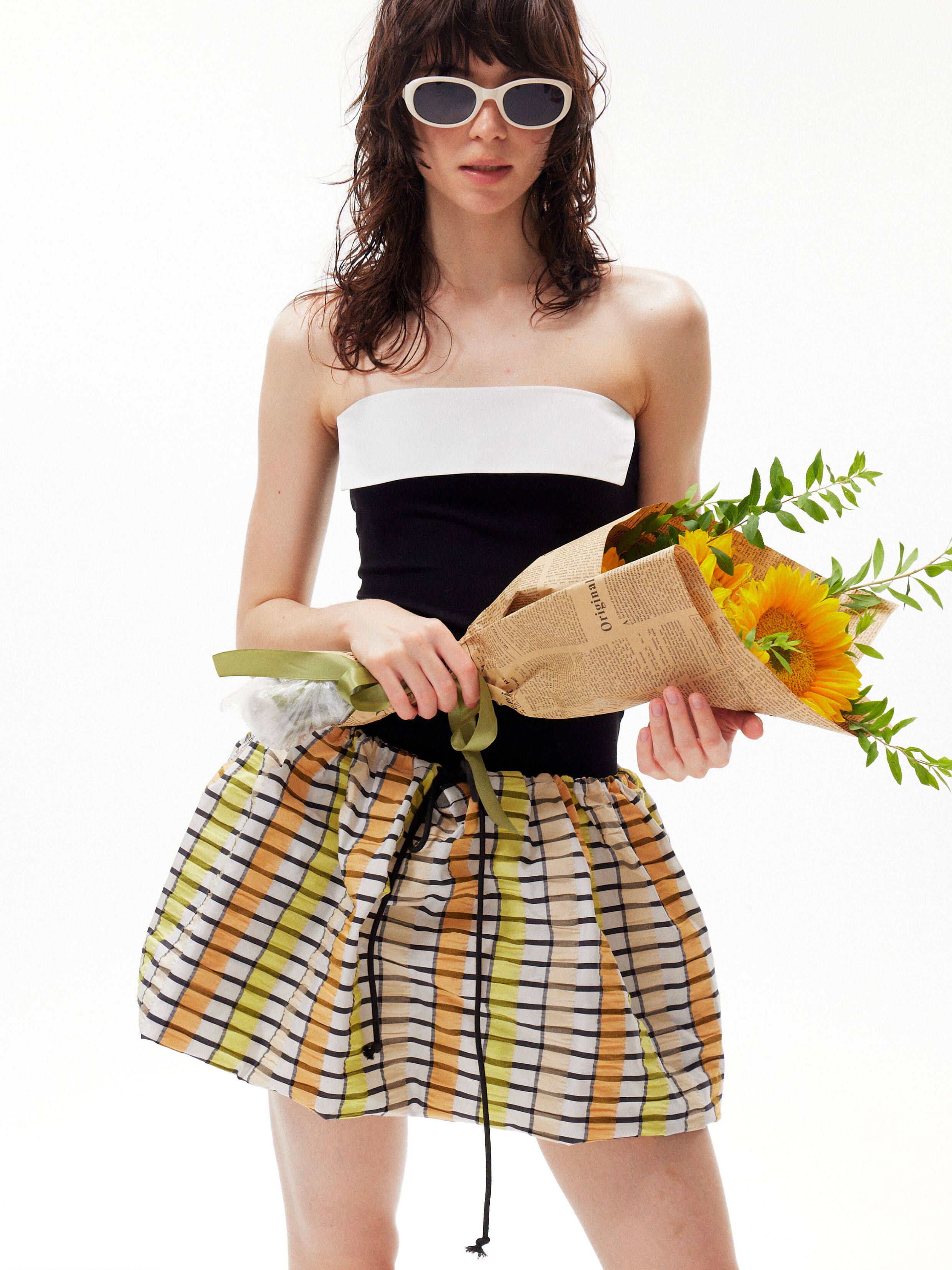 splicing shirring puffy skirt dress
