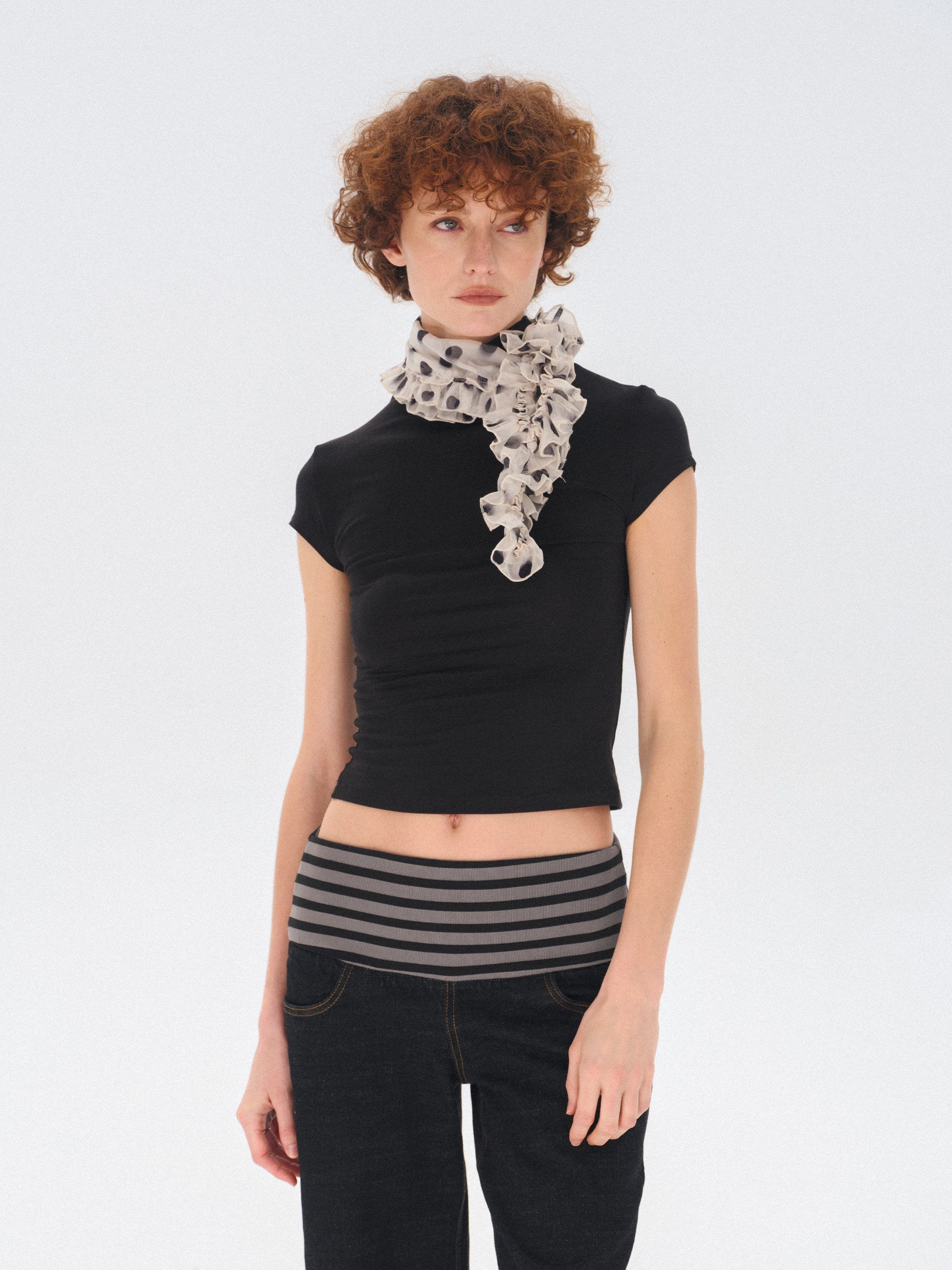 Polka dot ruffled thin silk scarf