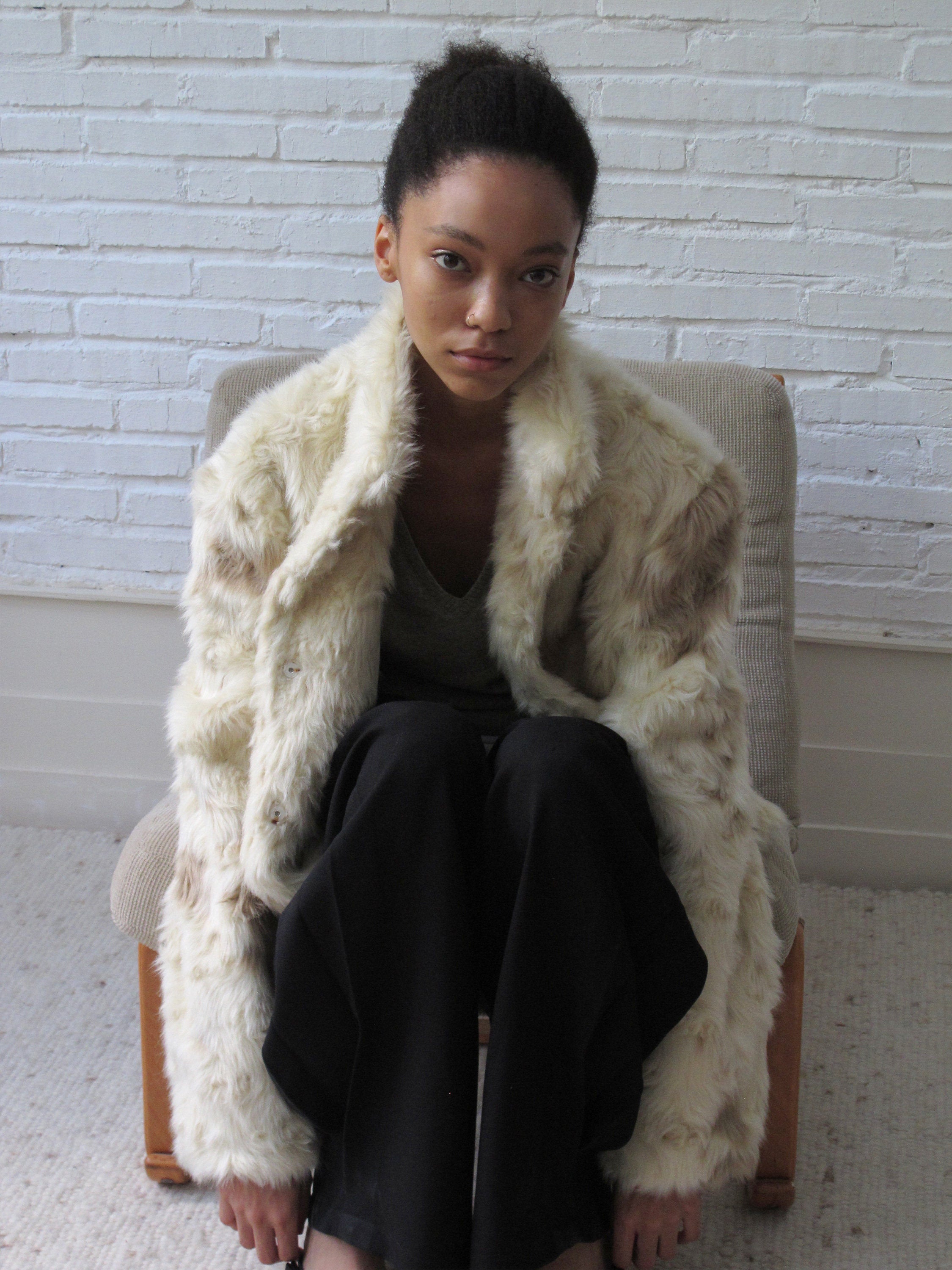 White-brown curly eco-fur warm thick jacket