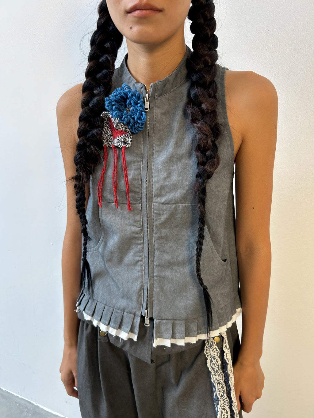 Pleated Ruffle Trim Zip Vest