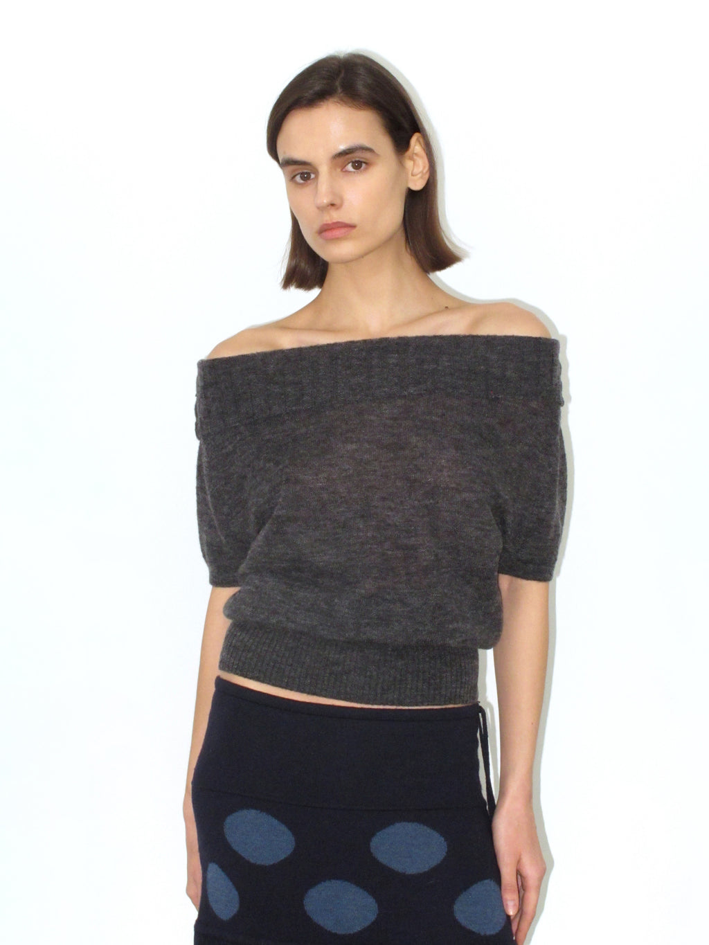 Mohair wool-blend knit short-sleeved top