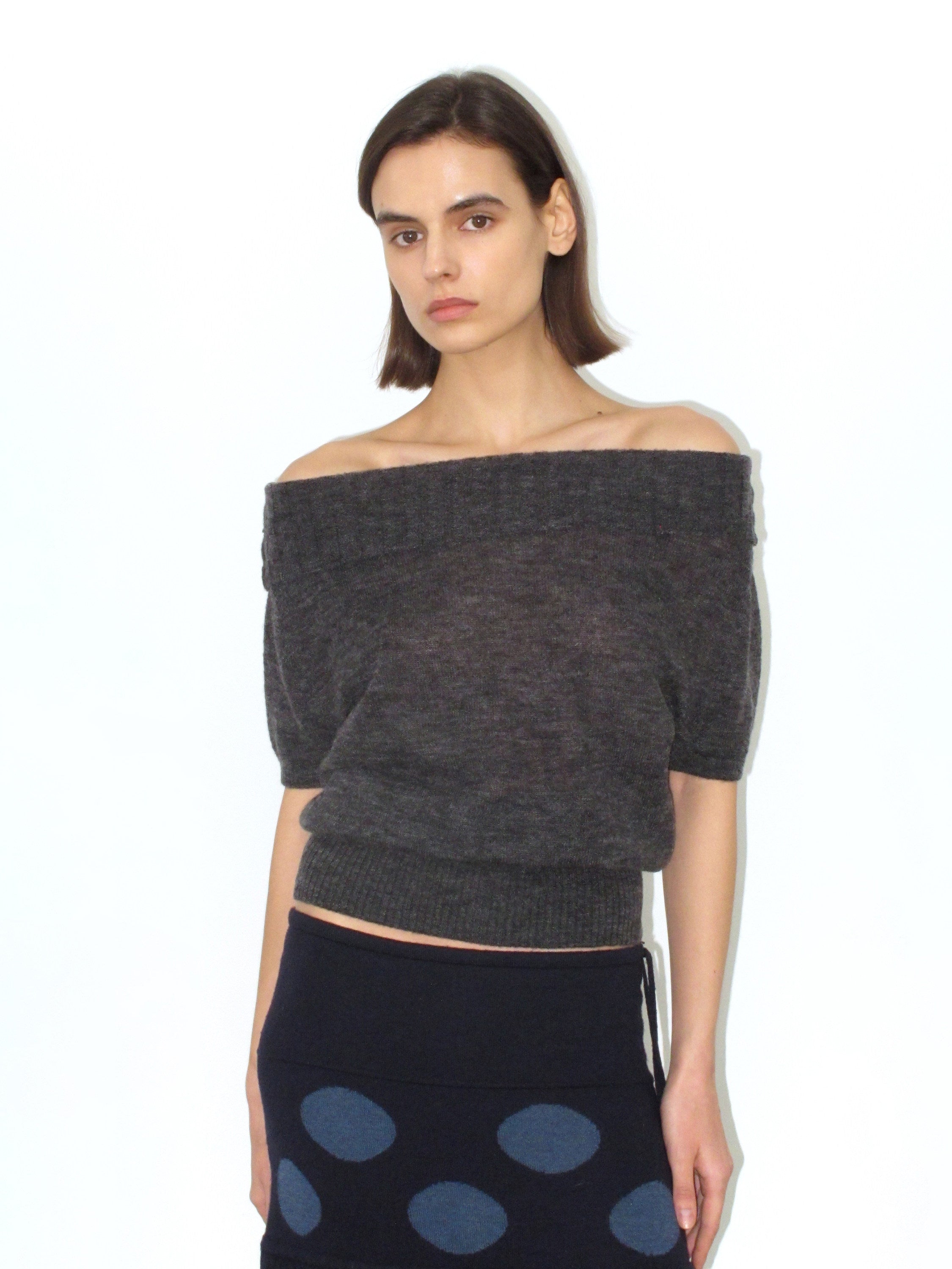 Mohair wool-blend knit short-sleeved top
