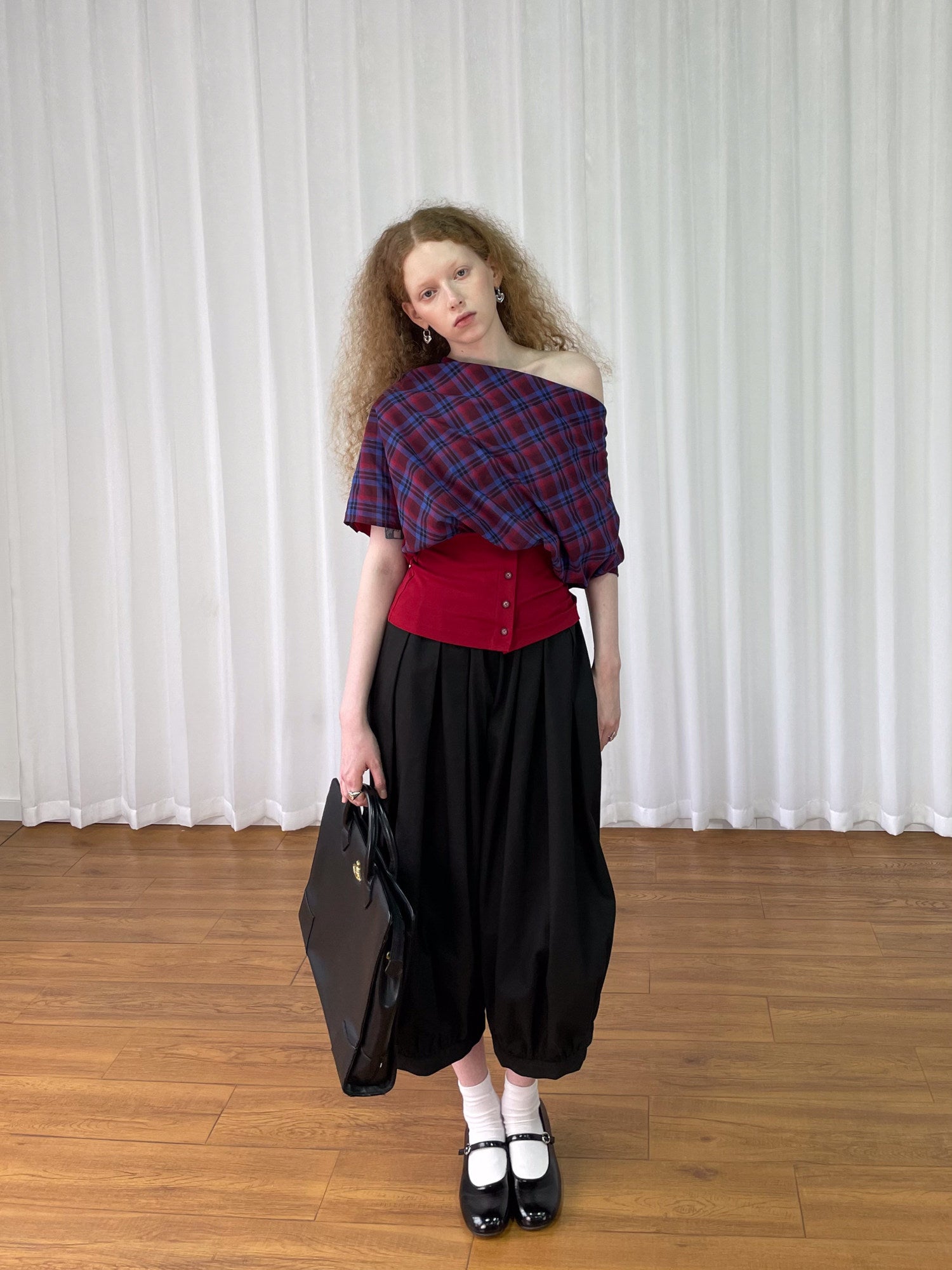 Collar short-sleeved check shirt