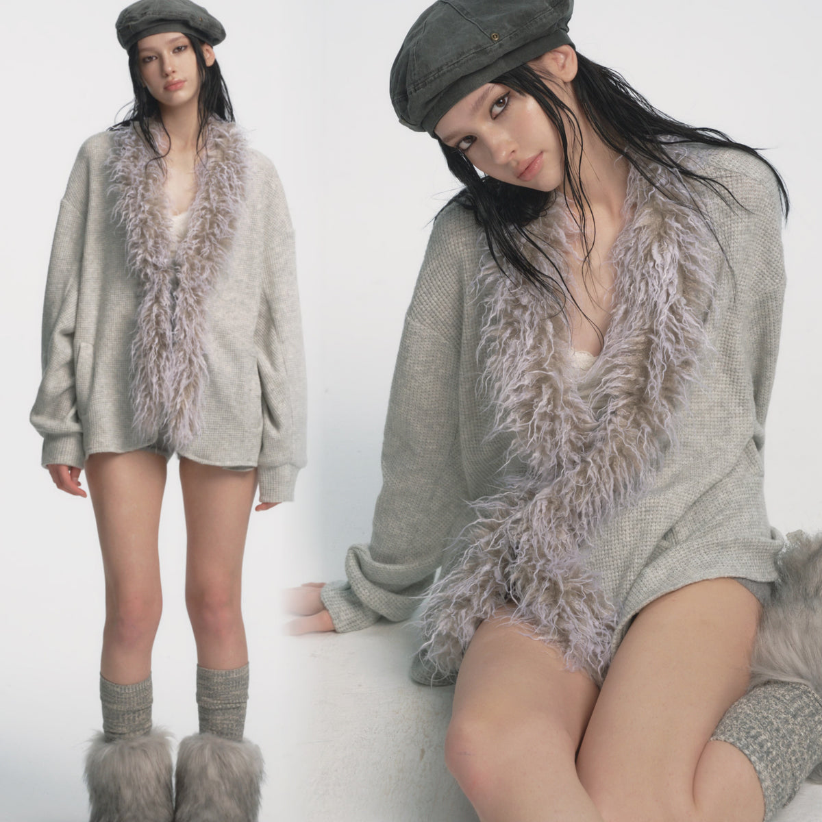 Faux Fur Collar Knit Cardigan