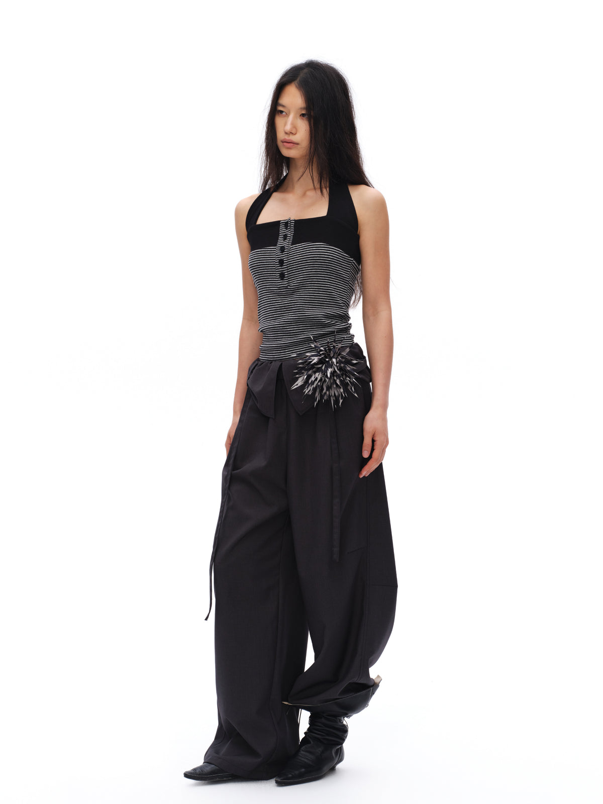 Collar buckle striped halter tank top