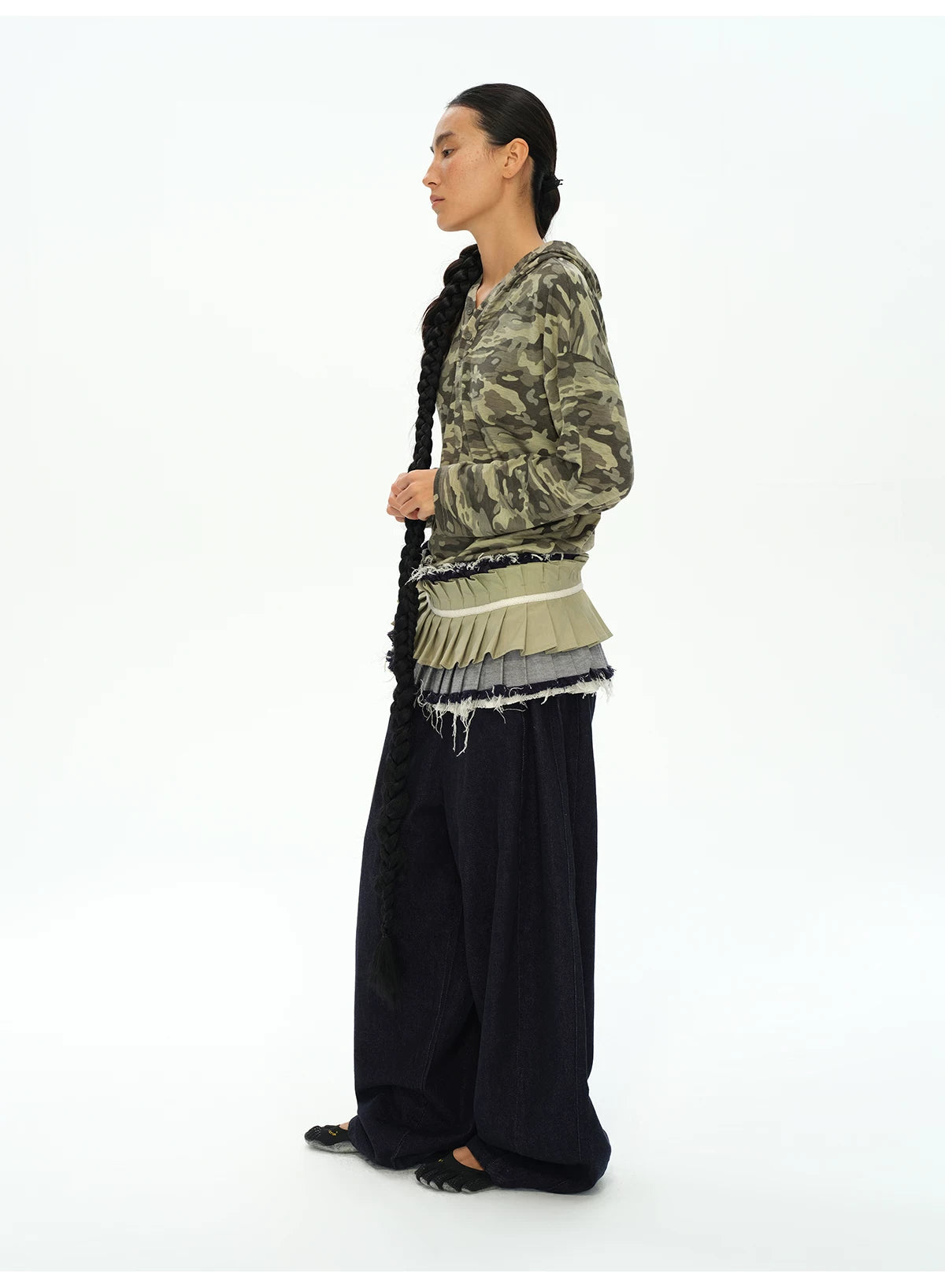 OINIMI Raw Denim Organ Skirt Piece Pleated Lace Waist Closure Fart Curtain Styling Sharps Front and Back 2 Uses