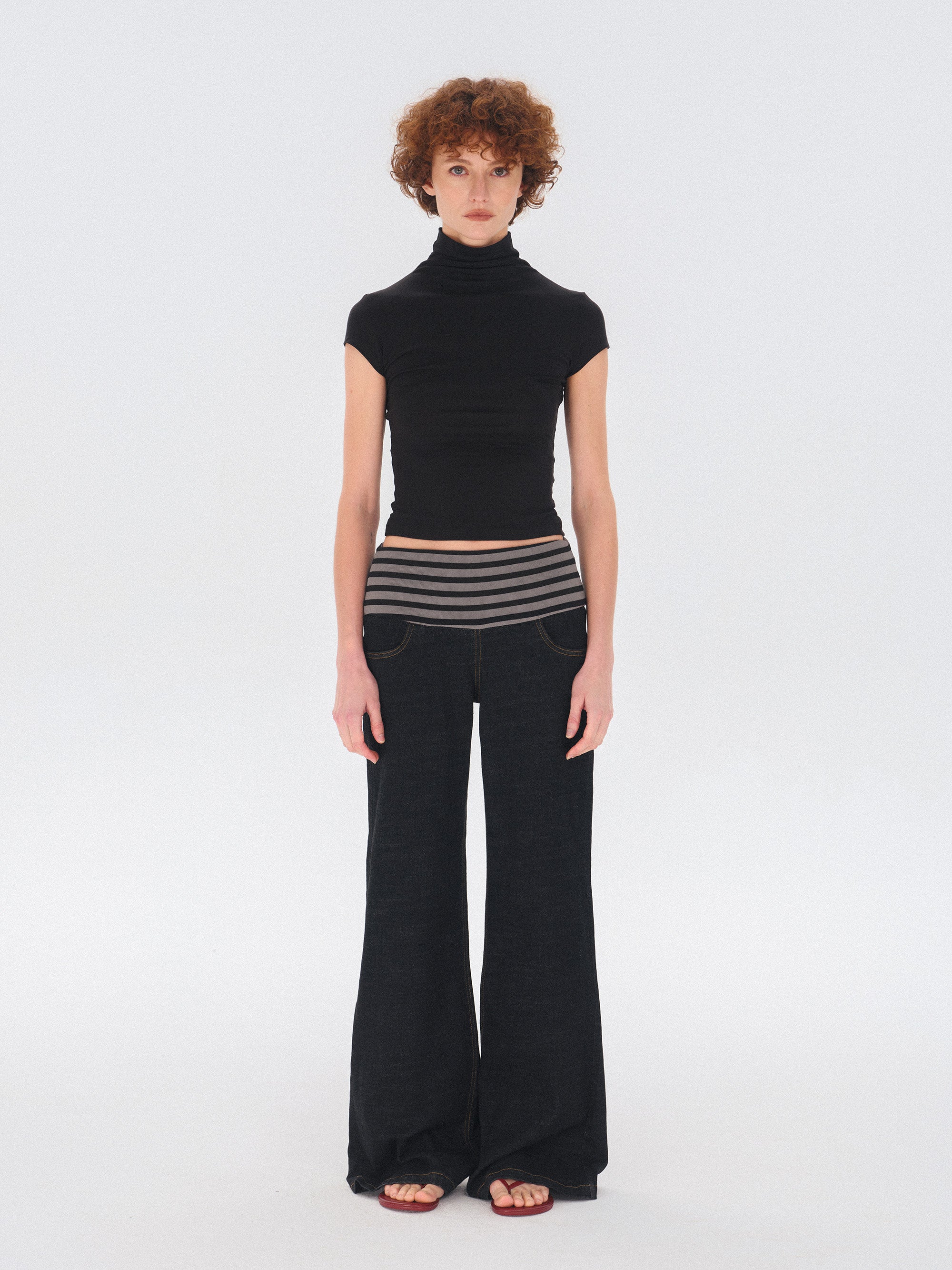 striped waist stretch denim trousers (Pre-order)