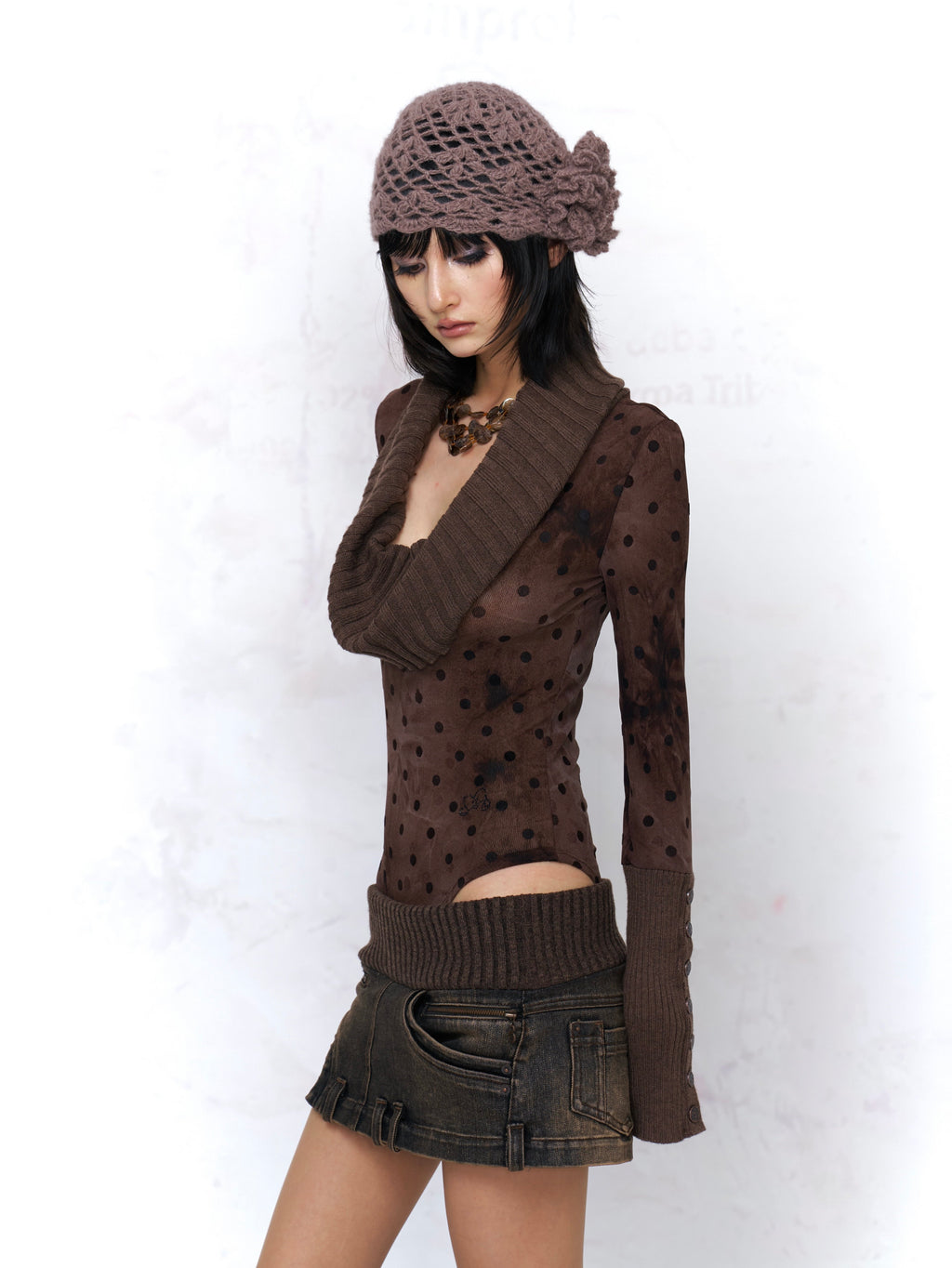 Rib Knit Panel Denim Mini Skirt