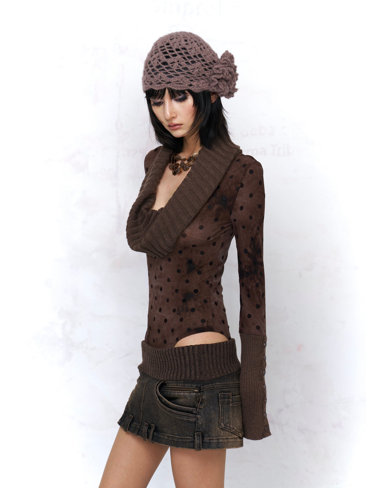 Rib Knit Panel Denim Mini Skirt