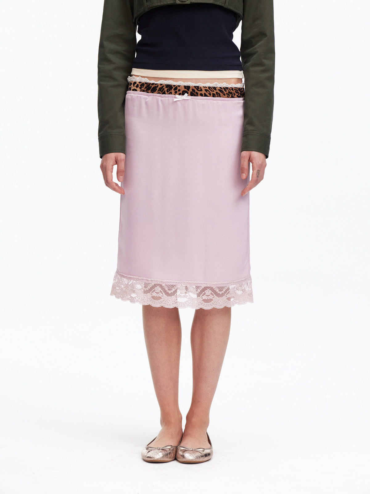 Leopard print contrast satin skirt