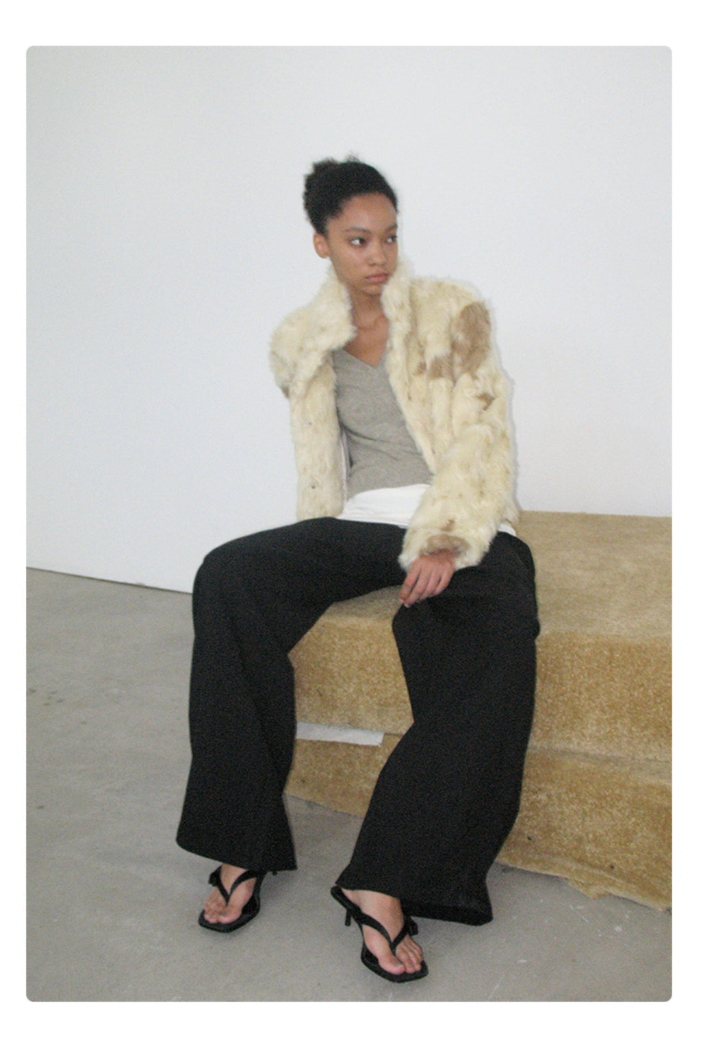 White-brown curly eco-fur warm thick jacket